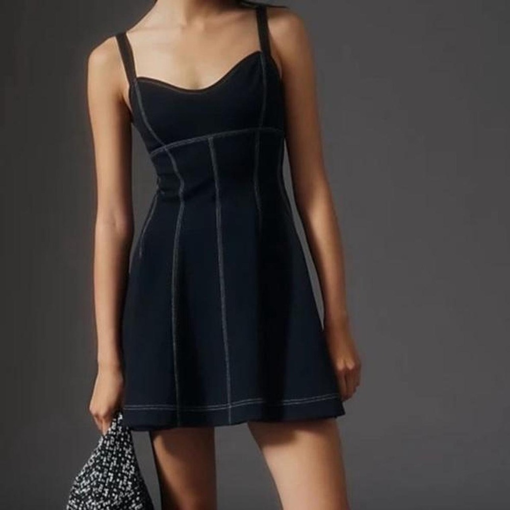 Anthropologie Maeve Seamed Mini Dress Women's Size XL Black White Flare Twee